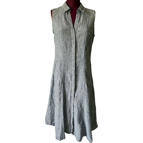 Brooks Brothers Linen Midi Dress size 8 Sleeveless Button Front Gray White Strip - Picture 1 of 8